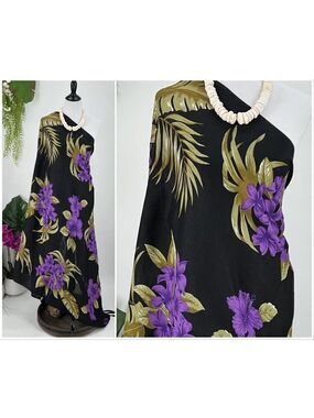 Black Purple Gold Hibiscus Palm Tropical MAXI SARONG Kīkepa Pareo Beach Wrap